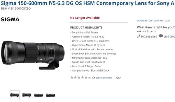  Sigma 150-600mm F/5-6.3 DG OS HSM Sports     $2000