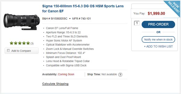  Sigma 150-600mm F/5-6.3 DG OS HSM Sports     $2000