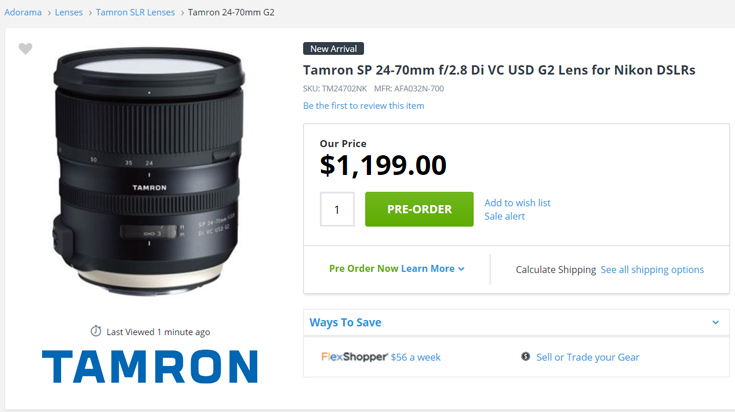  Tamron SP 24-70mm f/2.8 Di VC USD G2   $1200