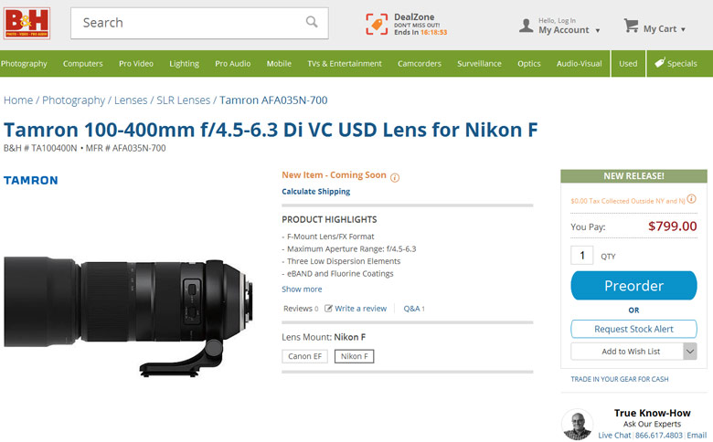  Tamron 100-400mm f/4.5-6.3 Di VC USD (Model A035)       Canon  Nikon